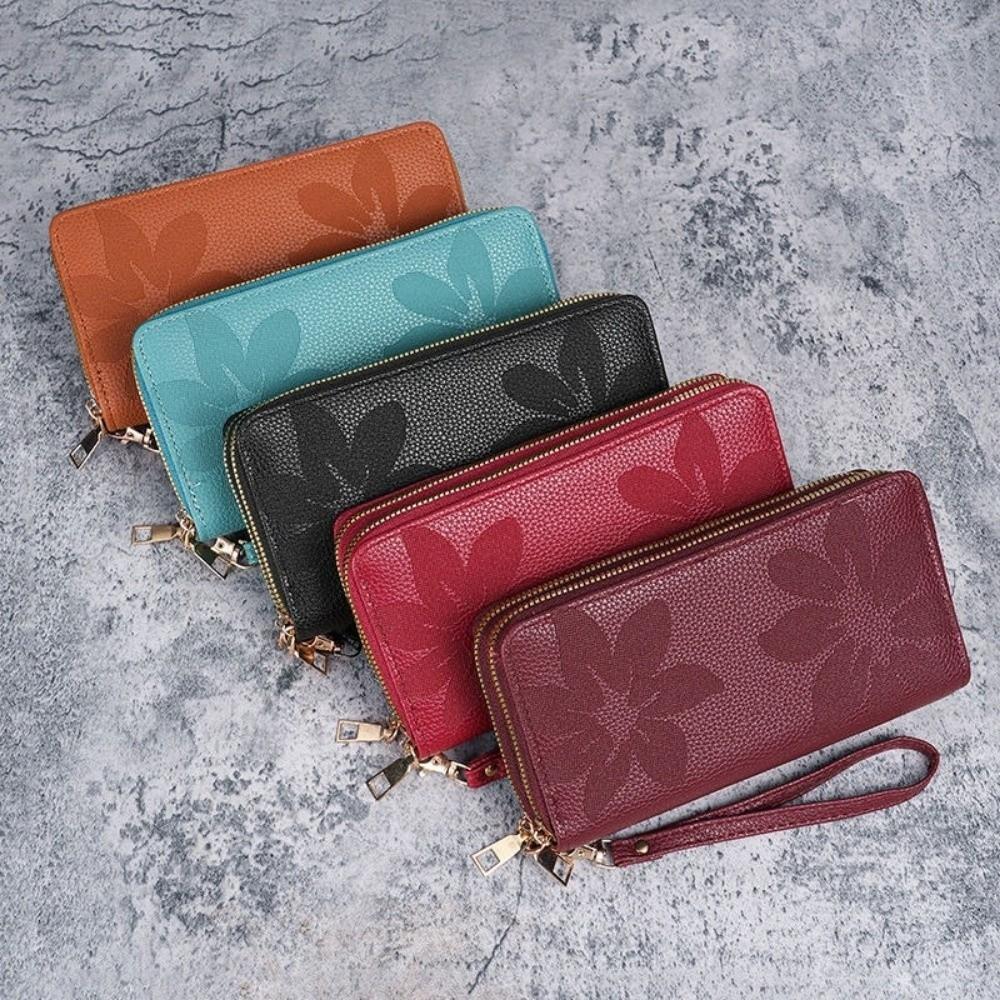 Double Zipper Ladies Long Wallet PU Leather Large Capacity Handle Bags Multi-layer Floral Embossed Zero Wallet