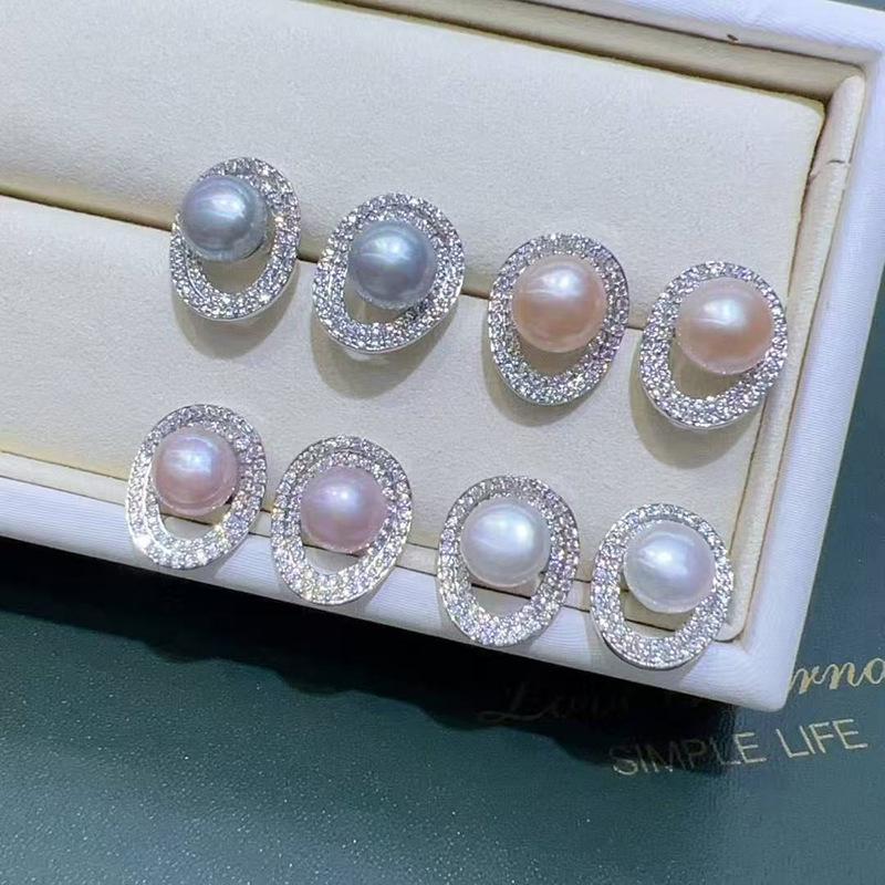 Pearl Earrings with Diamonds & Sterling Silver S925 Needle