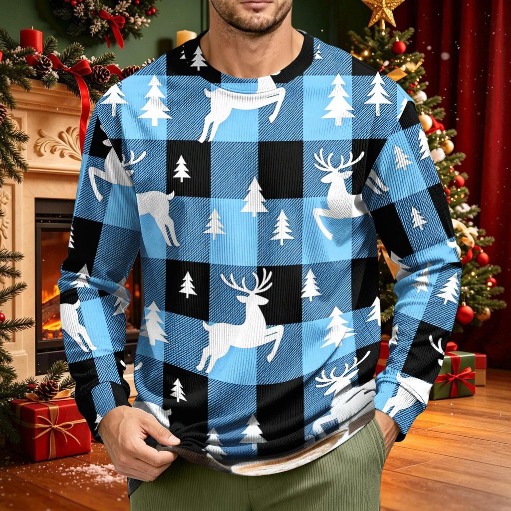 Men's Corduroy Long Sleeve Neck Shirt with Christmas Print for Holiday Casual Wear