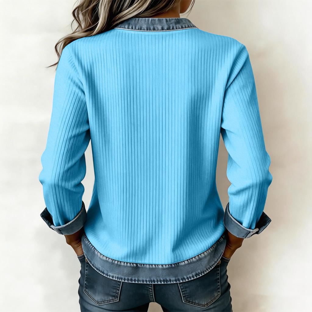 V Neck Long Sleeve Casual Blouse for Women with Denim Trim Versatile Spring Tops for Women and Summer Tops for Women