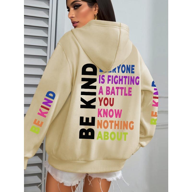 Be Kind Print Hoodie, Casual Long Sleeve with Pocket Hooded Sweatshirt for Winter And Fall, Designed for Women, Women'S Clothing