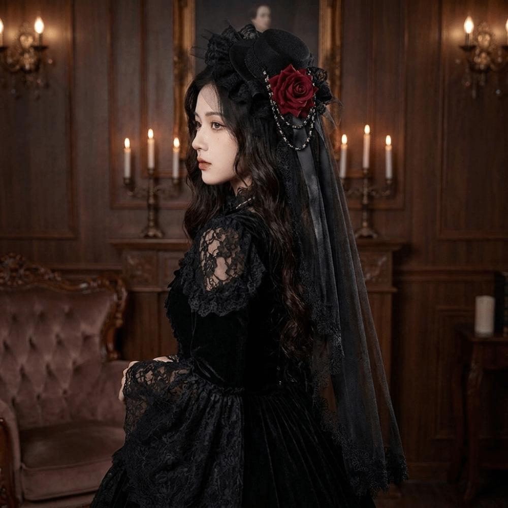 Rose Decoration Mini Top Chiffon Rose Hat Lace Retro Small Top Hat Gothic Lace Veil Fashion Items