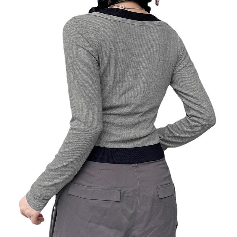 Women Splicing Against Color Semi-open Collar Button Top Retro Off-the-shoulder Slim Showing Leggings T-shirt