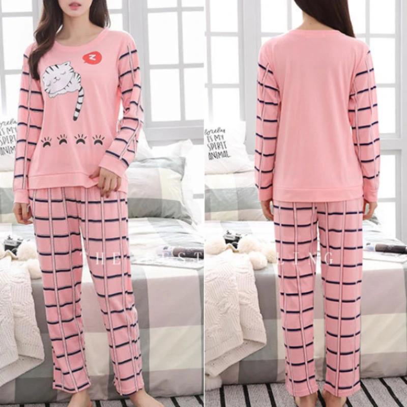 Kreskówkowe bawełniane piżamy damskie modele wiosenno-jesienne z długim rękawem do użytku domowego damski prosty luźny casualowy komplet