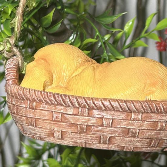 Dog Swing Ornament Cute Resin Puppy Sleeping in Woven Basket Statue Outdoor Hanging Decoration with Rope for Garden Patio Balcony Decor