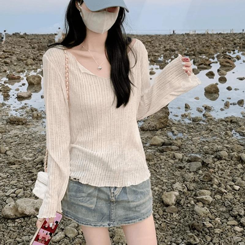 Solid Color V-neck Pit Stripe Base Knitted Sweater for Women In Summer Loose and Slim Fit Thin Cover Shirt with Lazy Top for Women