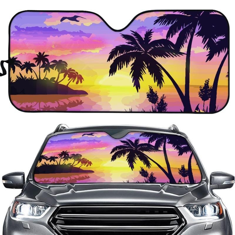 Cool Wind Sunset Coconut Tree Beach Icon Car Front Glass Shade, Universal Model Board