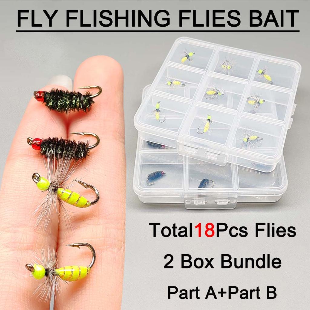 2Boxes Bundle(Total 18Pcs Flies)- Fly Fishing Flies Artificial Wet Flies Bait for Flishing Trout/Bass Artificial Nymphs Bait