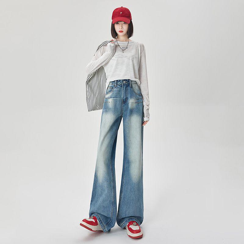 

American Fashion Embroidered Blue Flare Denim Women s Loose Floor-Length Pants L