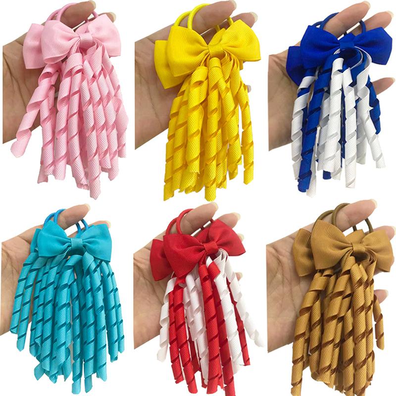 Grosgrain Ribbon Long Hair Ties Bows For Baby Girls Curly Hair Bows Elastic Colorful Kids Hair Band 2Pcs/Lot Whole