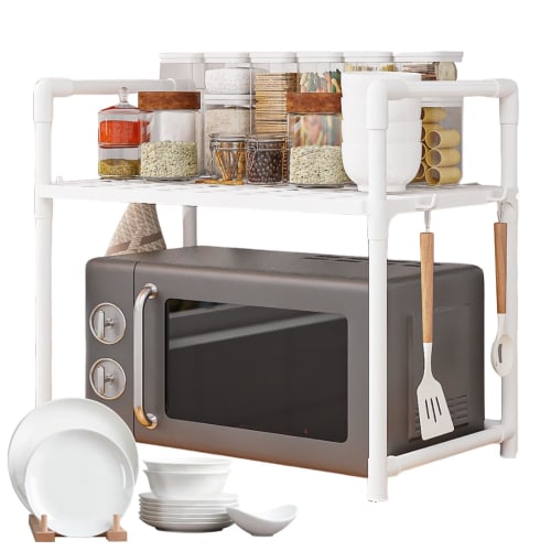 Microwave Shelf, Microwave Rack - Countertop Organization Rack, Adjustable Countertop Utility Storage Rack with Hooks for Kitchen