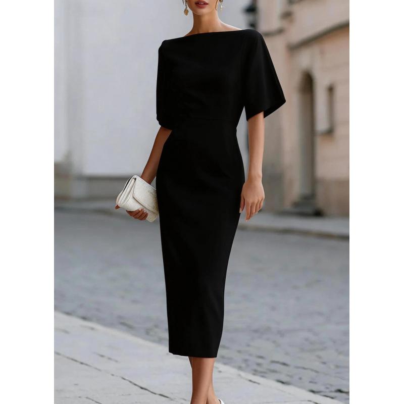 Womens Boat Neck Half Sleeve Bodycon Midi Dress