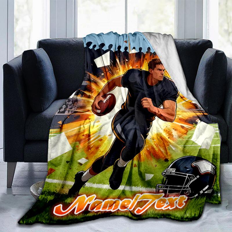 1PC Custom Name Football Player Action outdooor Flannel blankets Throw Blanket All-Season Throw Gift Bedspread for Couch, Bed, Camping Holiday Birthda