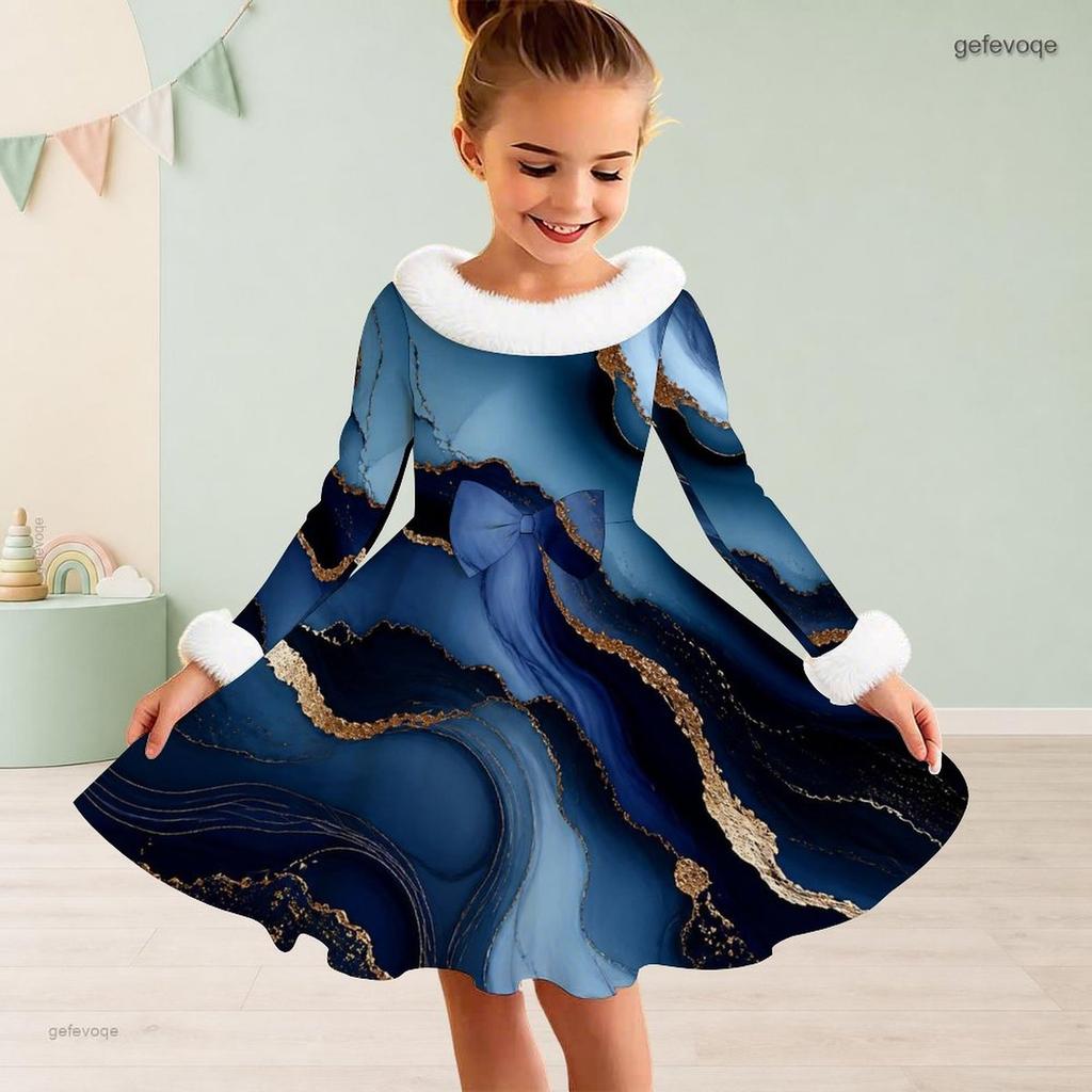 Girls Long Sleeve Green Gold Printed Faux Fur Collar Bow Waist A Line Flared Dress