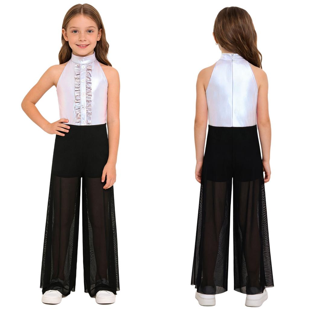 Sprankelende Metallic & Mesh Dans Jumpsuit voor Meisjes: Hoge Hals Mouwloos met Gerimpeld Bovenlijf & Wijdvallende Broek voor het Podium