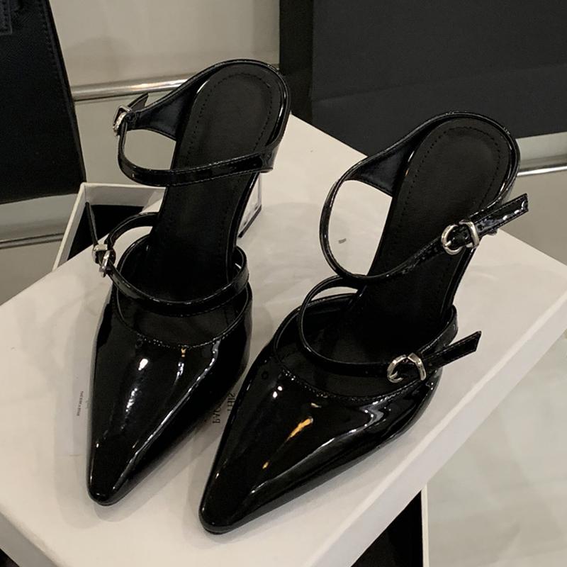New Fashion Transparent Wedge Slippers Women Pumps Patent Leather Pointed Toe Buckle Strap Designer High Heels Mules Shoes