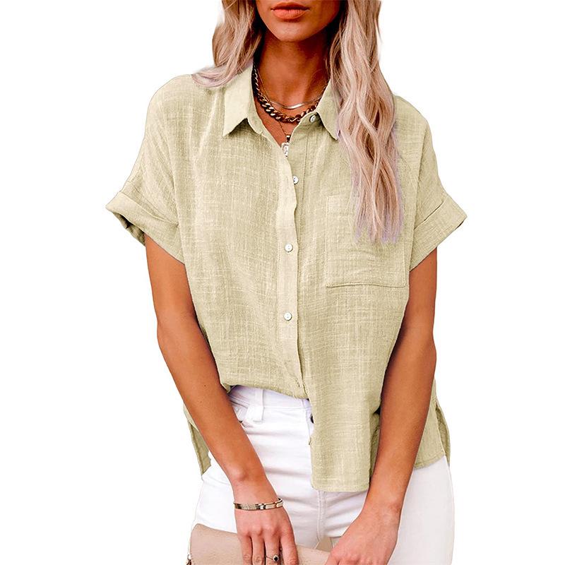 2025 Summer European & American Women's Solid Color Linen Short Sleeve Casual Loose Blouse