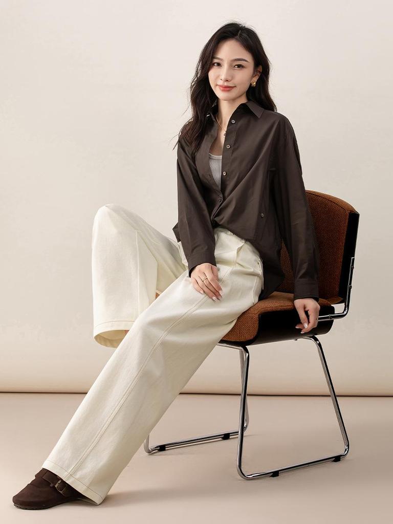 Xin Ge Women's Spring Slimming Long-Sleeve Anti-Wrinkle Waist-Cinching Shirt