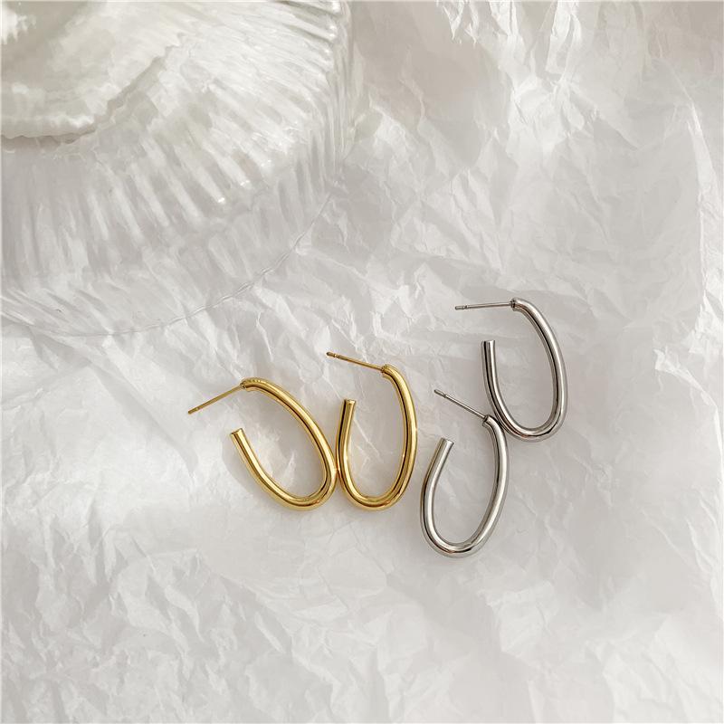 Neutral U-shaped European & American Oval Stud Hoop Earrings, Titanium Steel 18K Gold Plated.