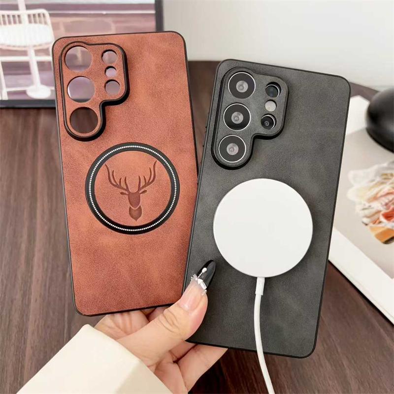 PU Leather Deer Head Magnetic Case for Samsung Galaxy S26 Ultra S25 Fe S23 S22 Plus S26+ Magsafe Mac Safe Shockproof Phone Cover