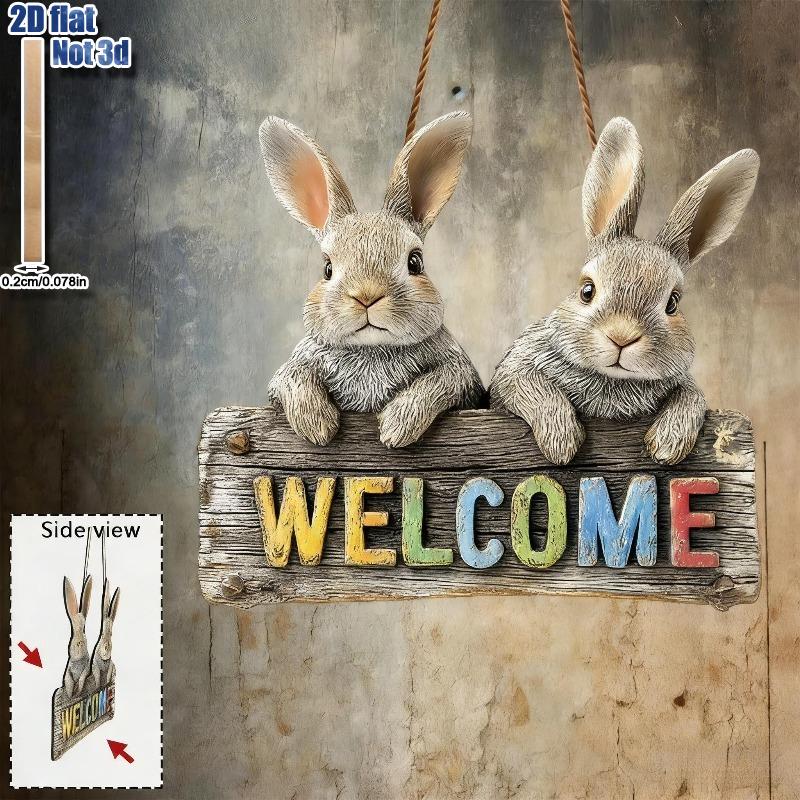 2D Flat Vintage Wooden Sign, Easter Welcome Sign with Rabbit, Easter Gift, Gift for Animal Lovers, Nurseries, Restaurant Shop Wall Decor,