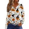 Women's Long Sleeve V-Neck T-Shirt with Button and Halloween Print Casual Top