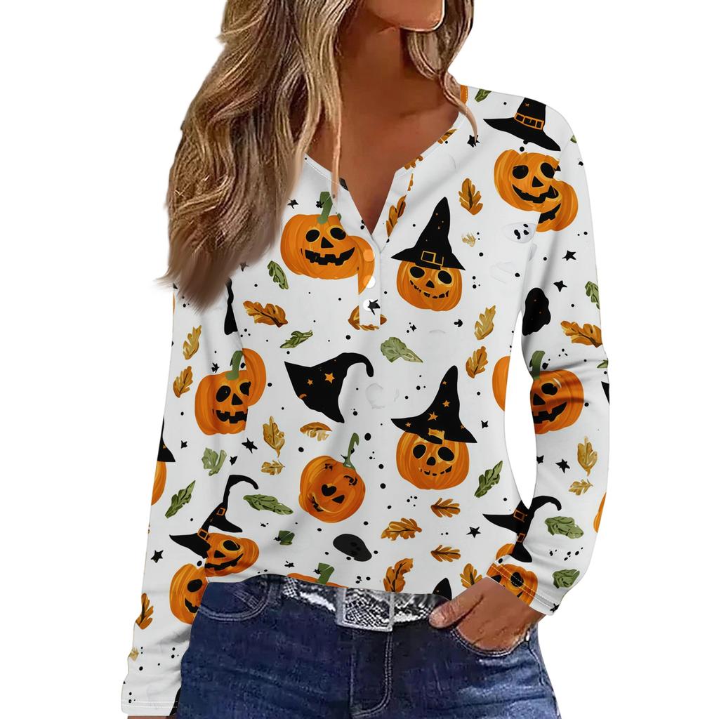 Women's Long Sleeve V-Neck T-Shirt with Button and Halloween Print Casual Top