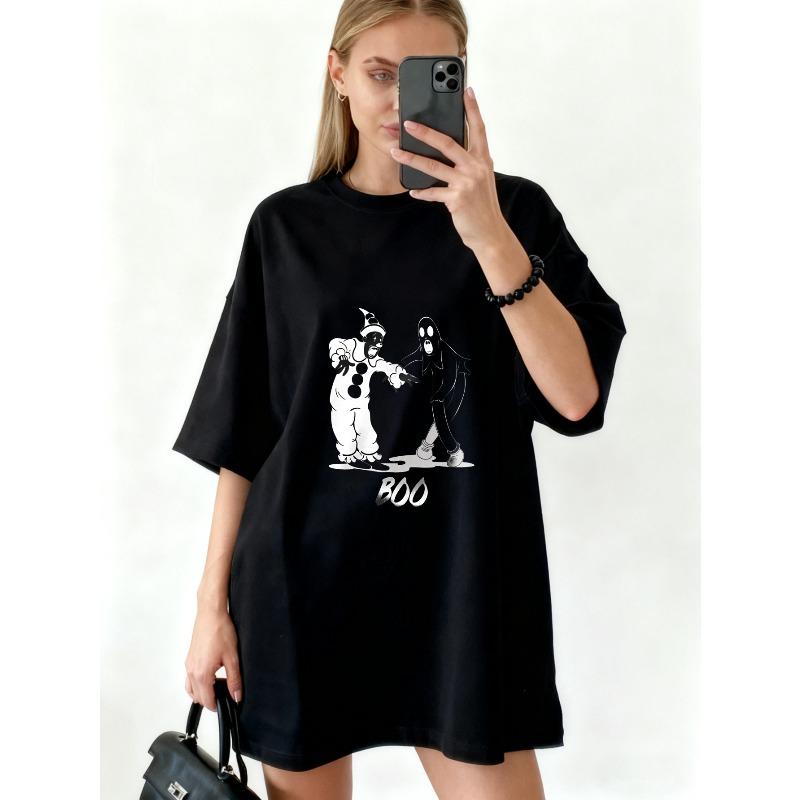 Oversized T Shirt Black Cartoon Ghost And Clown Print With Boo Text Halloween Party Wear