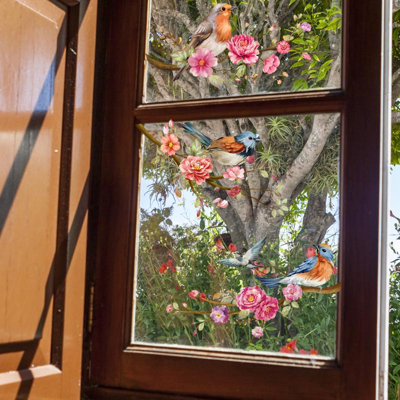 Frühling Sommer Blumen Vögel Serie Fensterdekorationsaufkleber PVC Raumdekoration Elektrostatische Glas Sonnenschutzaufkleber