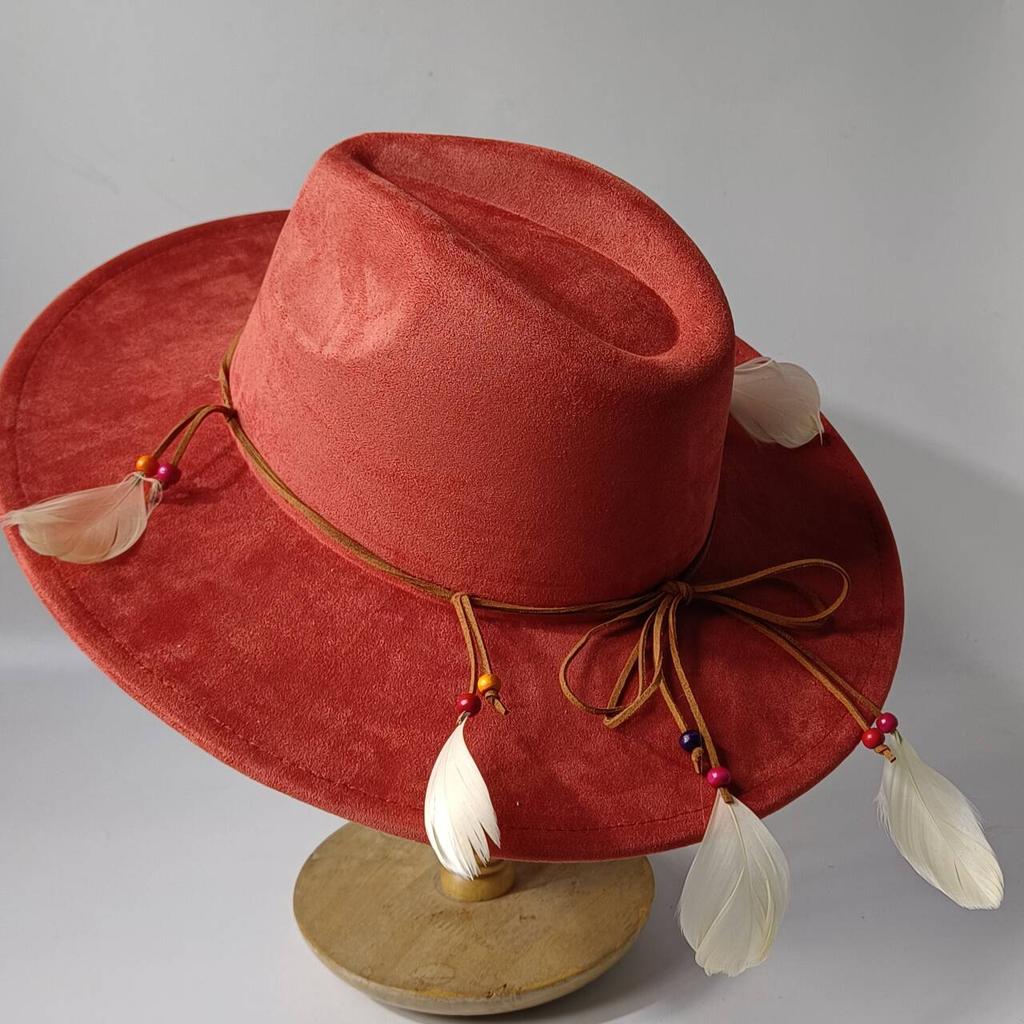 2026Bohemian style suede hat, brim 9.5 cm fedora with feather accessories, classic church hat, wide brim hat, women's hat