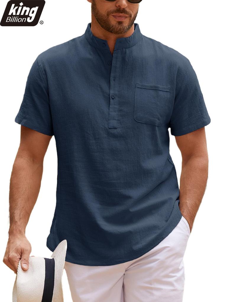 Summer Casual Linen Blend Short Sleeve Shirt for Men - Breathable Mandarin Collar Chest Pocket Lightweight Vacation Tops In Solid Colors