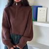 Poloviční vysoký límeček na zip Pletený svetr pro ženy Podzimní Lucerna Rukáv Vintage Volné Pulovry Svetry Zimní Silné Ležérní Jednobarevné Teplé svetry 25404
