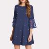 Women Casual Patchwork Tulle Polka Dot Crew Neck Loose A-line Dress