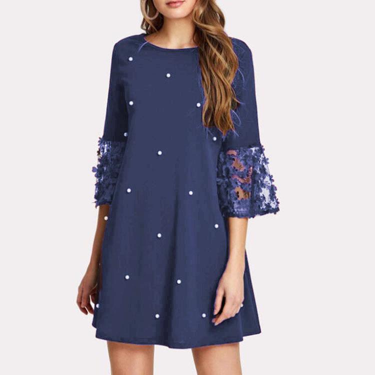 Women Casual Patchwork Tulle Polka Dot Crew Neck Loose A-line Dress