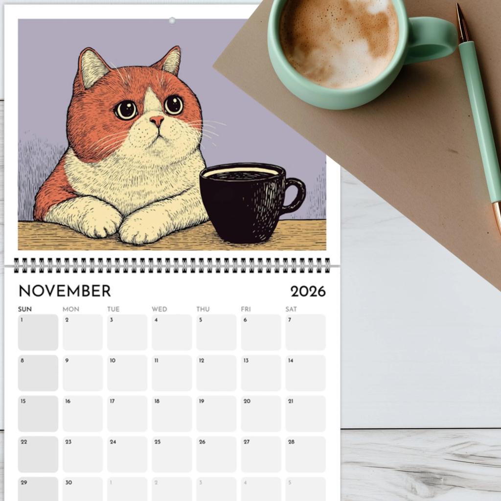 2026 Calendar Hangable Cat Chilling with Coffee Design Family Planner Schedule Organizer Home Office Decor Present Wall Calendar