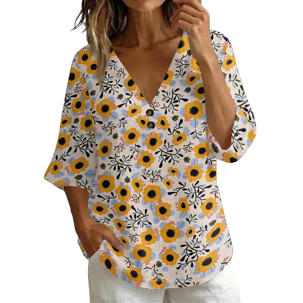 Women's V-Neck Short Sleeve T-Shirt, Vintage Floral Print Loose Fit Casual Cotton-Linen Top