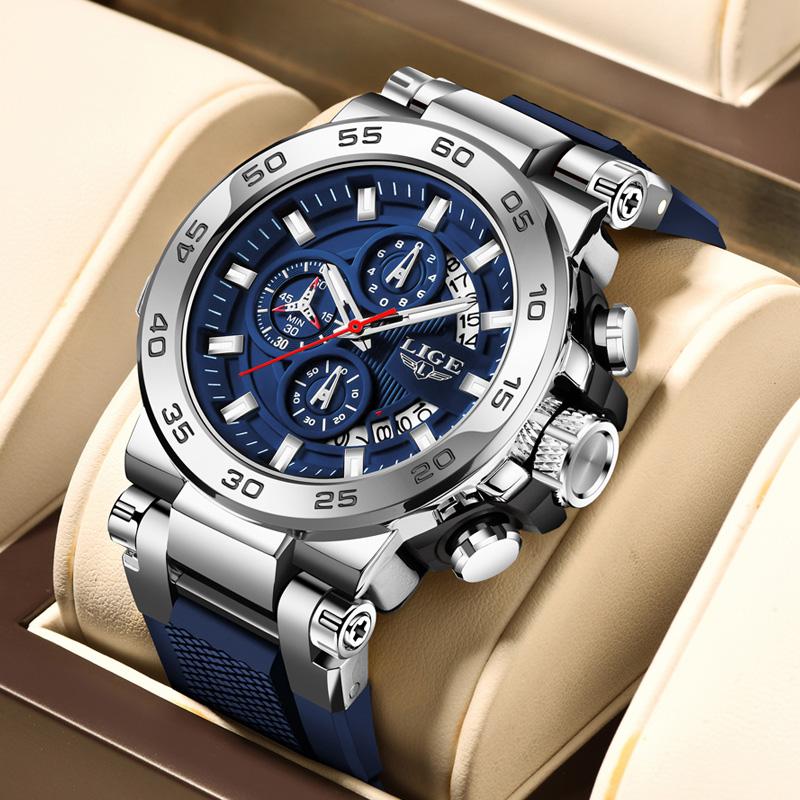 LIGE Sports Mens Watches Silicone Strap Chronograph Man Wristwatch Luminous Date Quartz Male Clock Function Small Dial Wach Box
