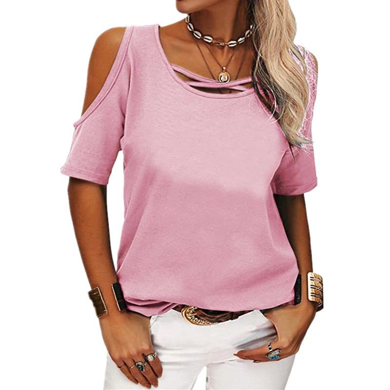 Off Shoulder Large Size Fashion Women Blouse Loose Casual Short Sleeve T-shirt for Women Solid Color O Neck Sweet Simple Office Basic Sweet Shirts