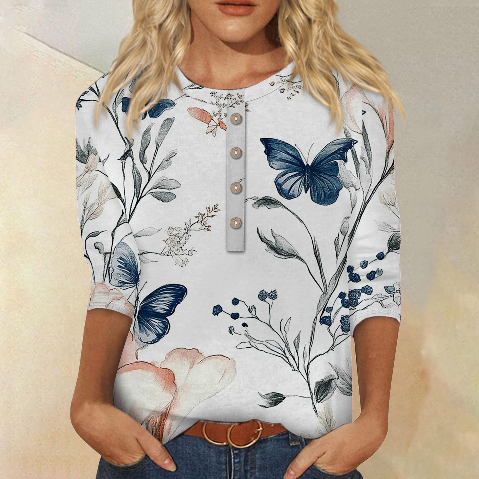 

Женская мода повседневная 3/4 рукава цветочный принт пуловер круглый вырез топ повседневная одежда XL