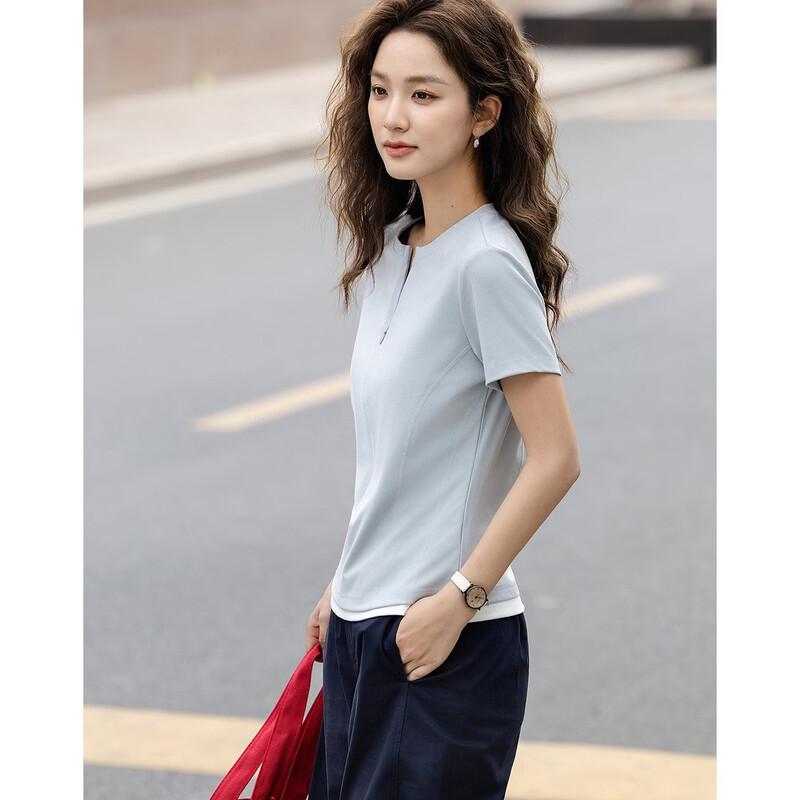 Women's Spliced Slim Fit Half-Open Collar T-shirt