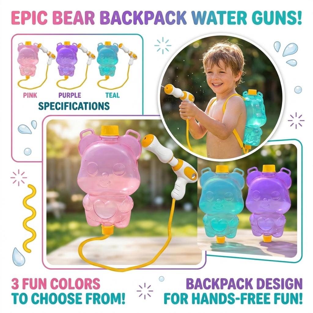 Bear Shaped Water Blaster Backpack for Outdoor Play with Handheld Spray Nozzle and Adjustable Strap for Kids Activities
