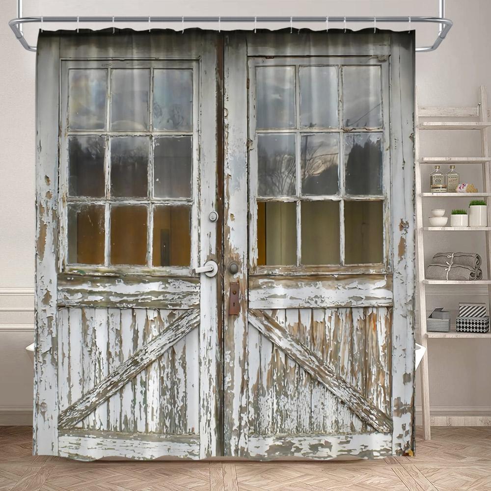 Vintage Bauernscheune Holztür Duschvorhänge Retro Texasstern Braun Weiß Holzbrett Badevorhang Set Polyester Badezimmer Dekor
