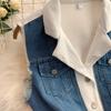 Womens Denim Two-Piece Set: Sleeveless Color-Block Blazer Top High-Waist Wide-Leg Pants 2025 Chic Office Outfit