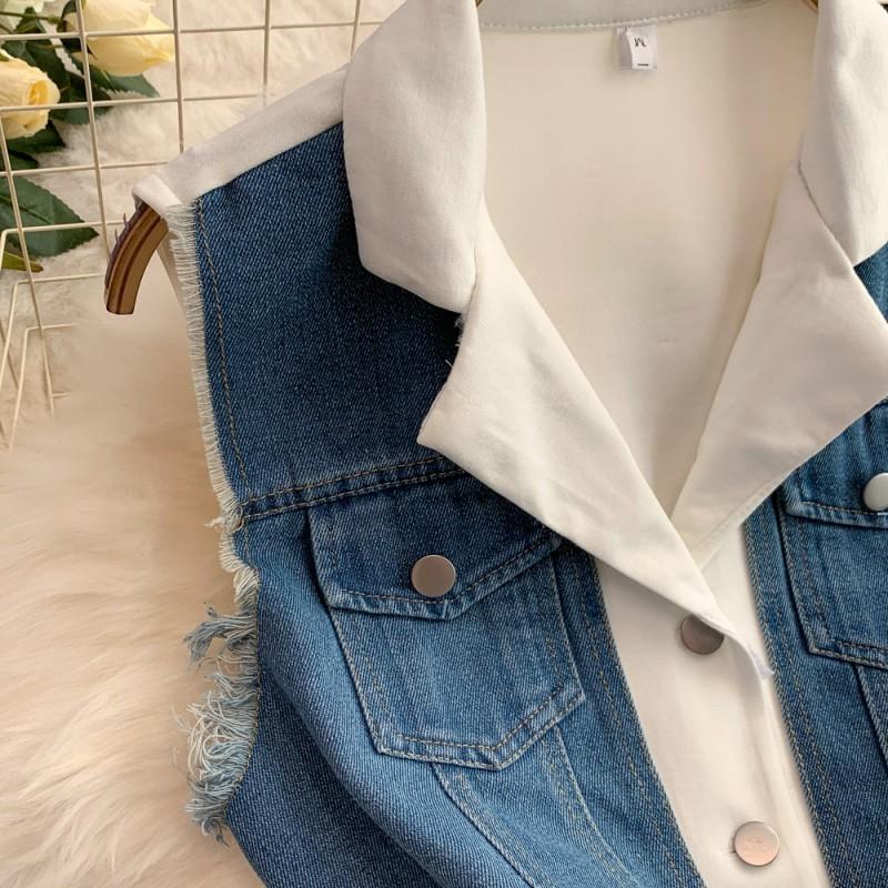 Womens Denim Two-Piece Set: Sleeveless Color-Block Blazer Top High-Waist Wide-Leg Pants 2025 Chic Office Outfit