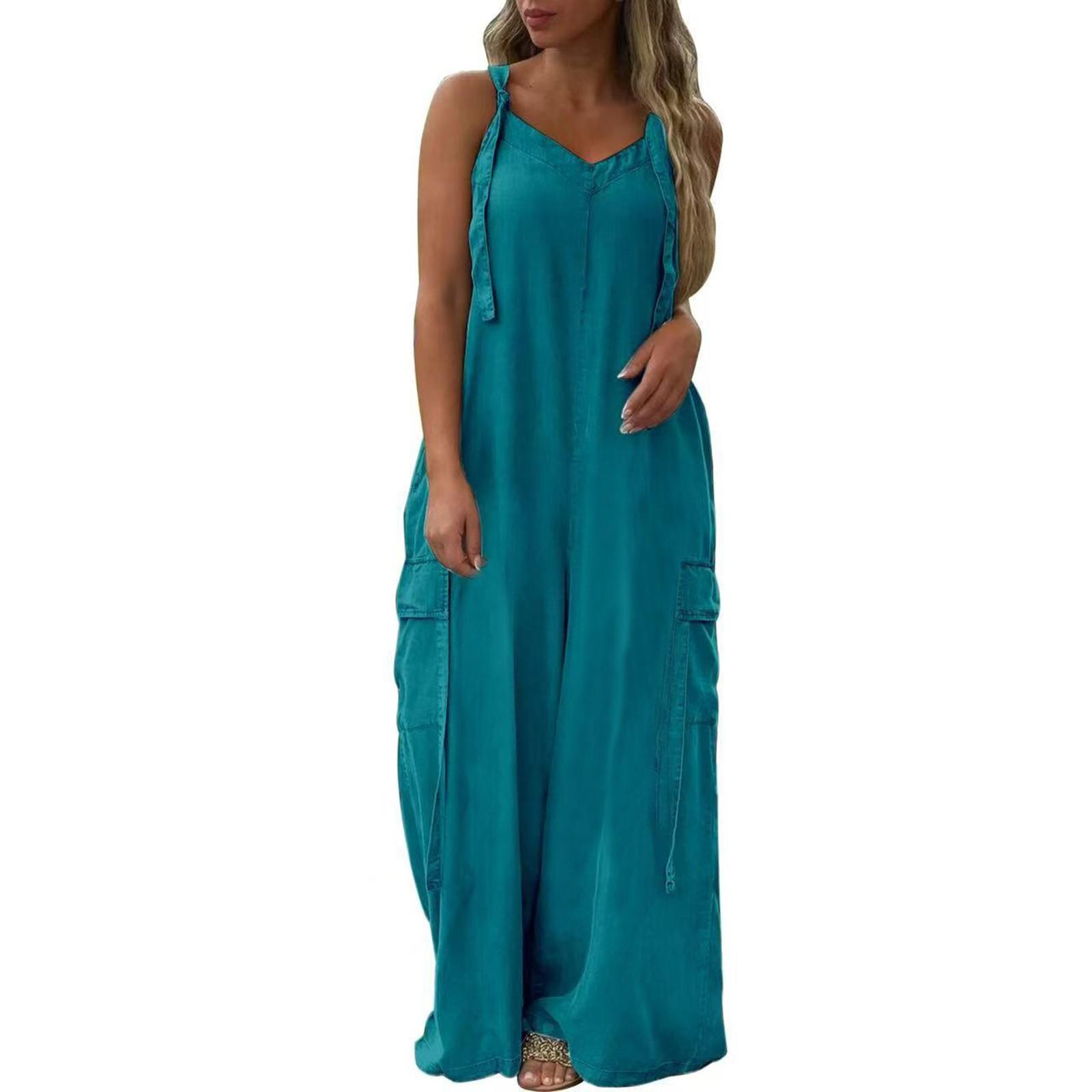 

Женский модный повседневный свободный однотонный комбинезон с карманами и V-образным вырезом XL циан