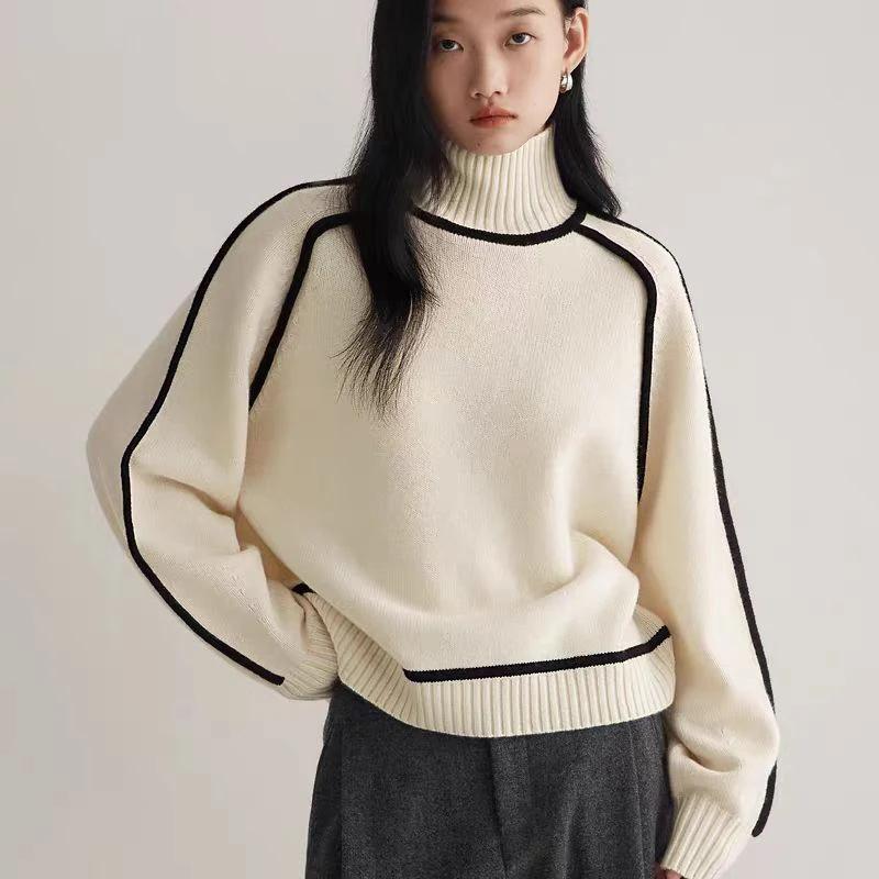 Pulover cald cu mâneci lungi, de iarnă, elegant, cu gât înalt, de culoare uni