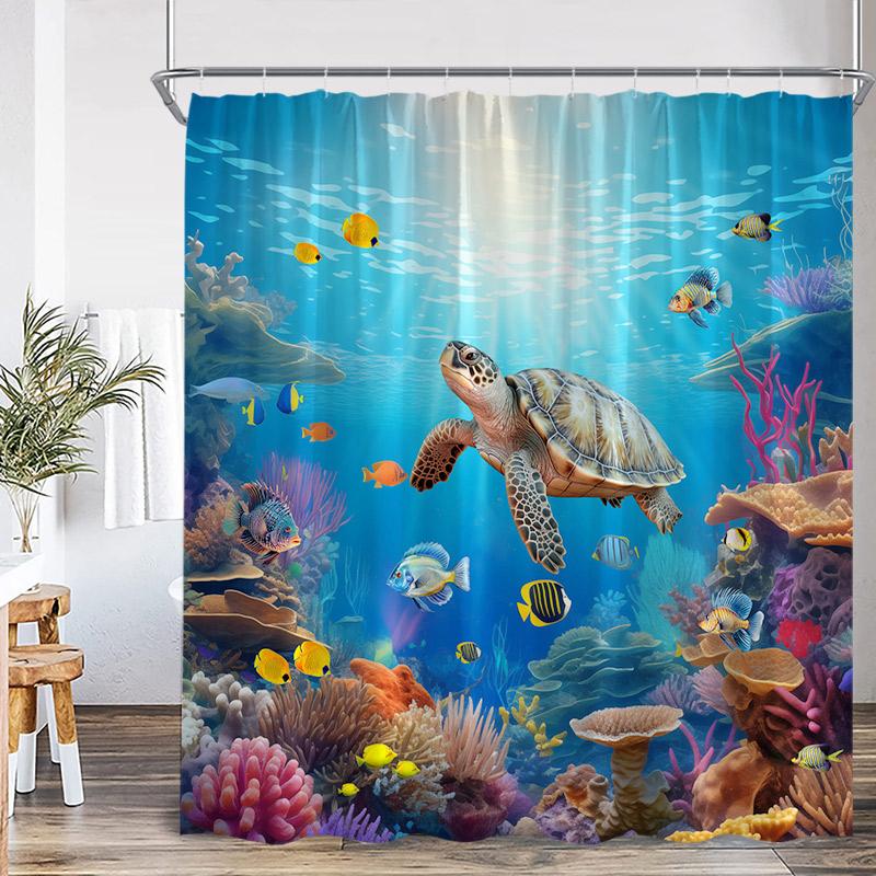 Ocean Dolphin Sea Turtle Shower Curtains Rainbow Waterfall Flowers Octopus Tropical Fish Seabed Scenery Bathroom Curtain Decor