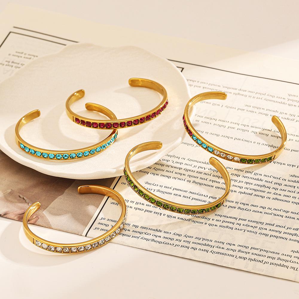 18K Gold Plated Titanium Steel Openable Bracelet with Color Zirconia and Diamonds - Stainless Steel Fashion for Women