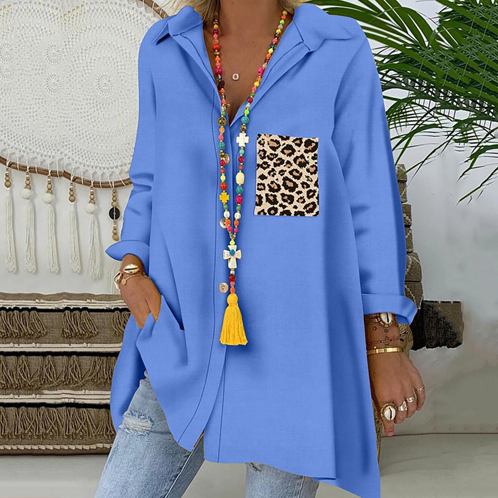 Women's Color Single-breasted Leopard Pocket Long-sleeved Lapel Shirt