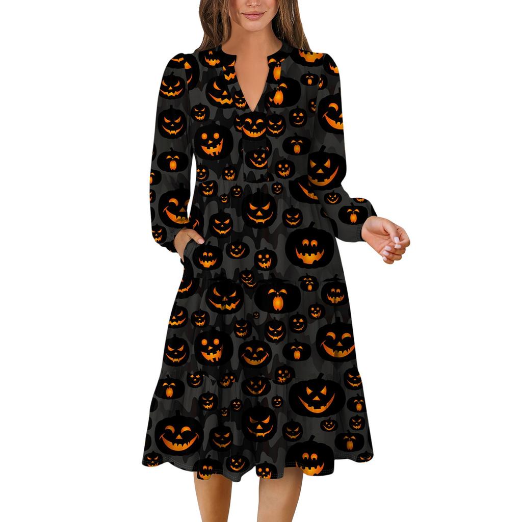 Women's V-Neck Flowing Layered Bohemian Long Sleeve Halloween Print Dress